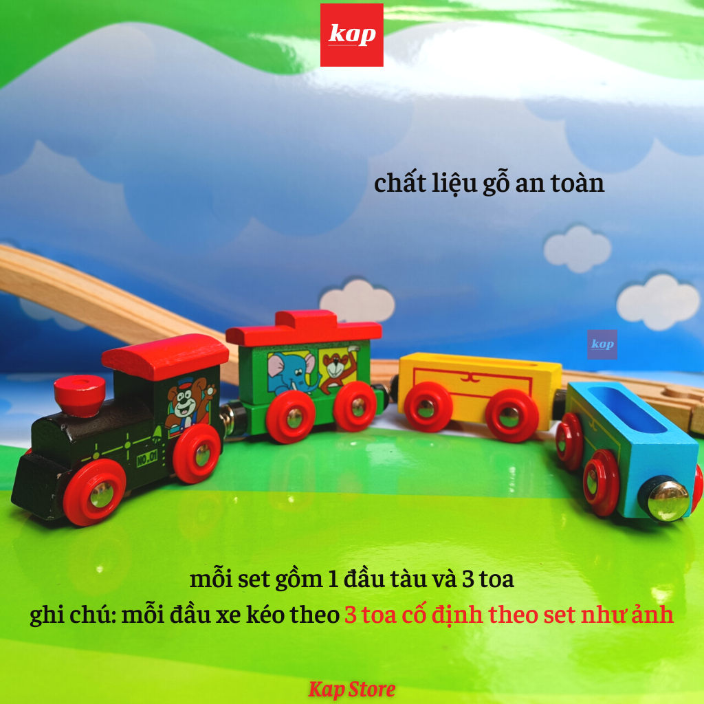 Set 4 toa xe lửa gỗ, phụ kiện đường ray xe lửa gỗ- Set 4 wooden Train