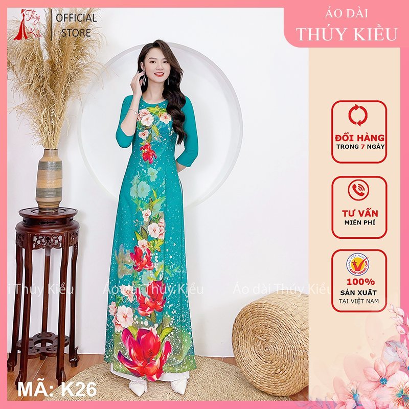 Áo dài nữ may sẵn trung niên thiết kế đẹp cách tân tết nền xanh ngọc K26 Thúy Kiều mềm mại, co giãn, áo dài giá rẻ