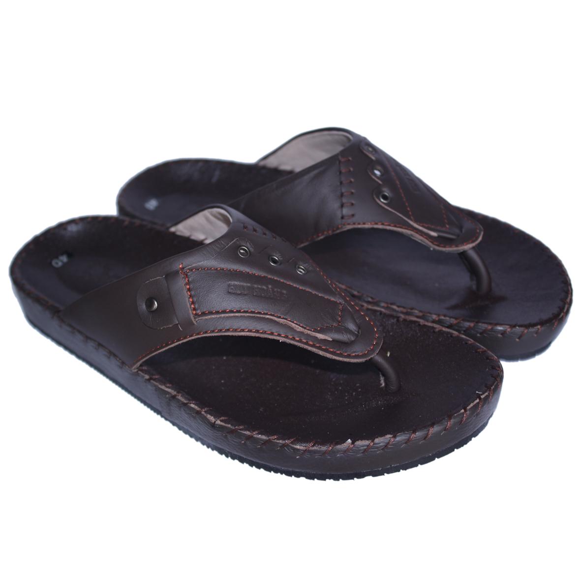 Men's shoes cow leather flip flops Brown th7727