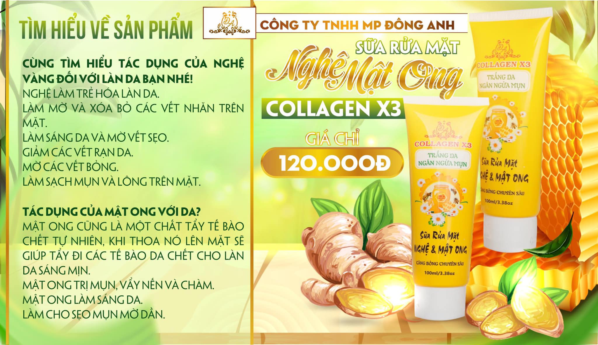 Sữa rửa mặt Nghệ và Mật ong Collagen x3 100ml