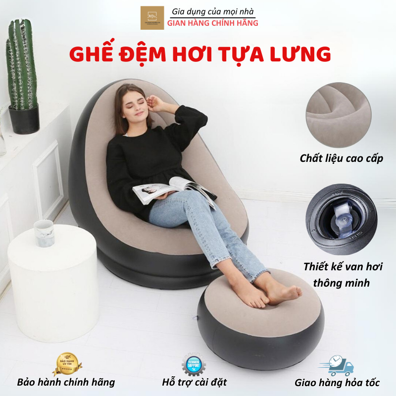 Ghế hơi tựa lưng bọc nhung mềm mịn êm ái đệm lười bơm hơi lót chân cao cấp chính hãng. ghế hơi cao cấp