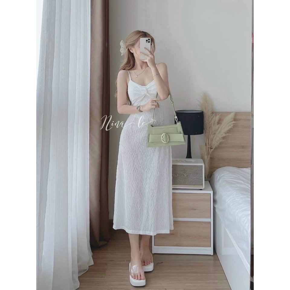 Đầm maxi vân sóng 2 dây đi biển, Váy basic 2 dây dáng suông HTD393