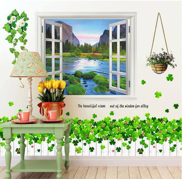 HCM-BỘ COMBO DECAL GHÉP ĐÔI TRANG TRÍ - Cửa Sổ Sông Nước kết hợp chân hàng rào trăng ( 2 TẤM )