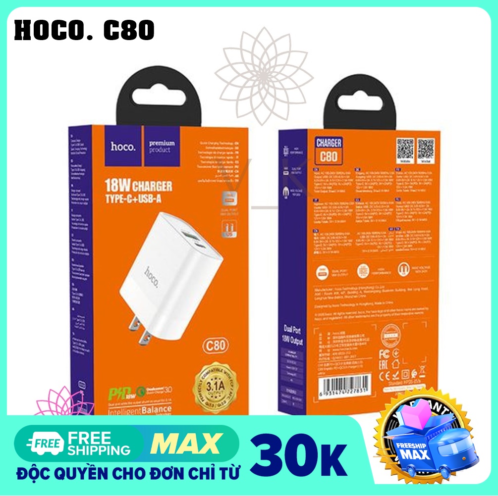 Bộ Củ Sạc Hoco C80 Type C - Hỗ trợ sạc nhanh QC3.0