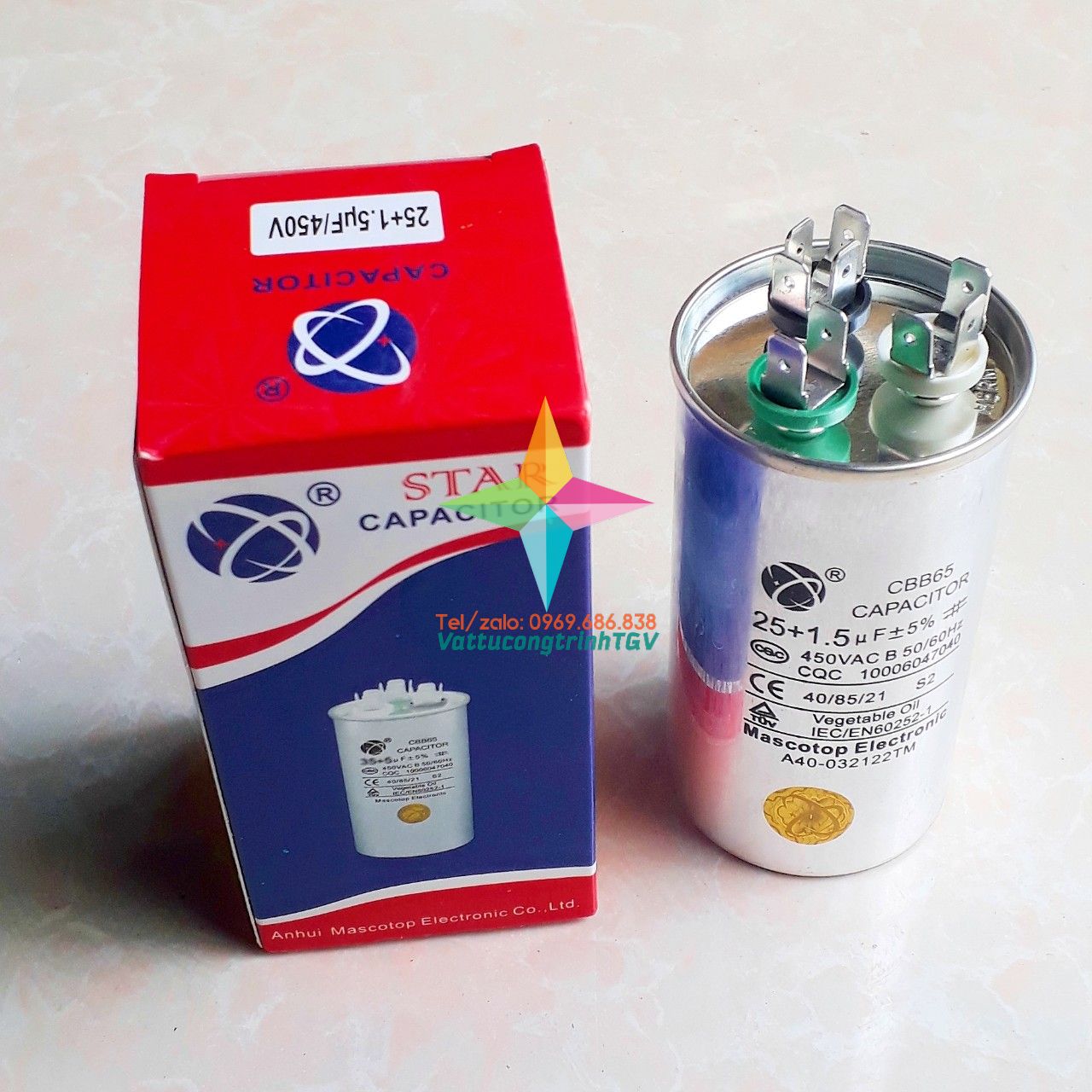 Tụ điều hòa Mascotop kiểu CBB65 450VAC 25uF + 5% - Hàng chính hãng
