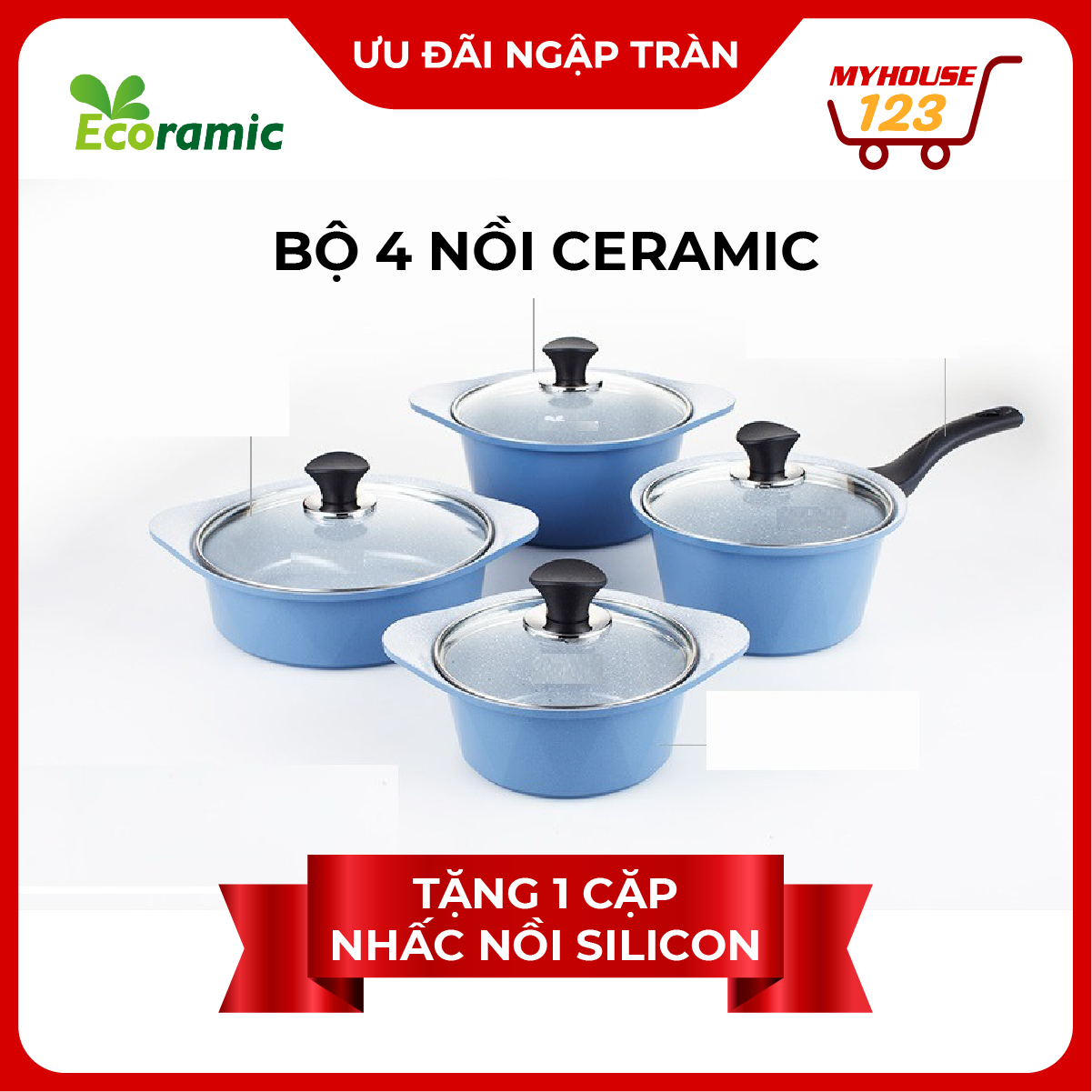 [MIỄN PHÍ VẬN CHUYỂN] ECORAMIC-Bộ 4 nồi Ecoramic Skypot Hàn Quốc: nồi 1 tay cầm 18cm, Nồi 2 tay cầm 20-22-24cm +1 cặp (Không từ)