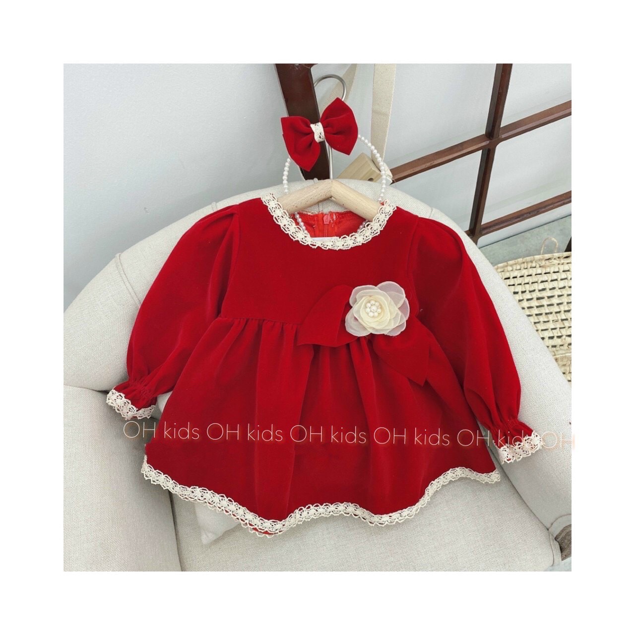 SET váy đỏ phối ren kèm nơ cho BG