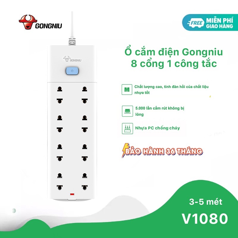 Ổ cắm điện Gongniu 8 ổ 1 công tắc - 2500W 10A (V1080) - Chính Hãng