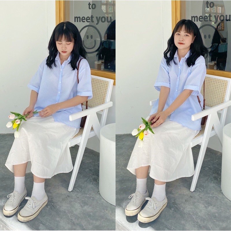 Áo sơ mi cộc tay kẻ sọc chất xốp