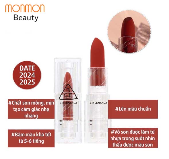 Son 3CE Soft Matte Lipstick, Son Thỏi 3CE Siêu Lì Vỏ Trong Suốt