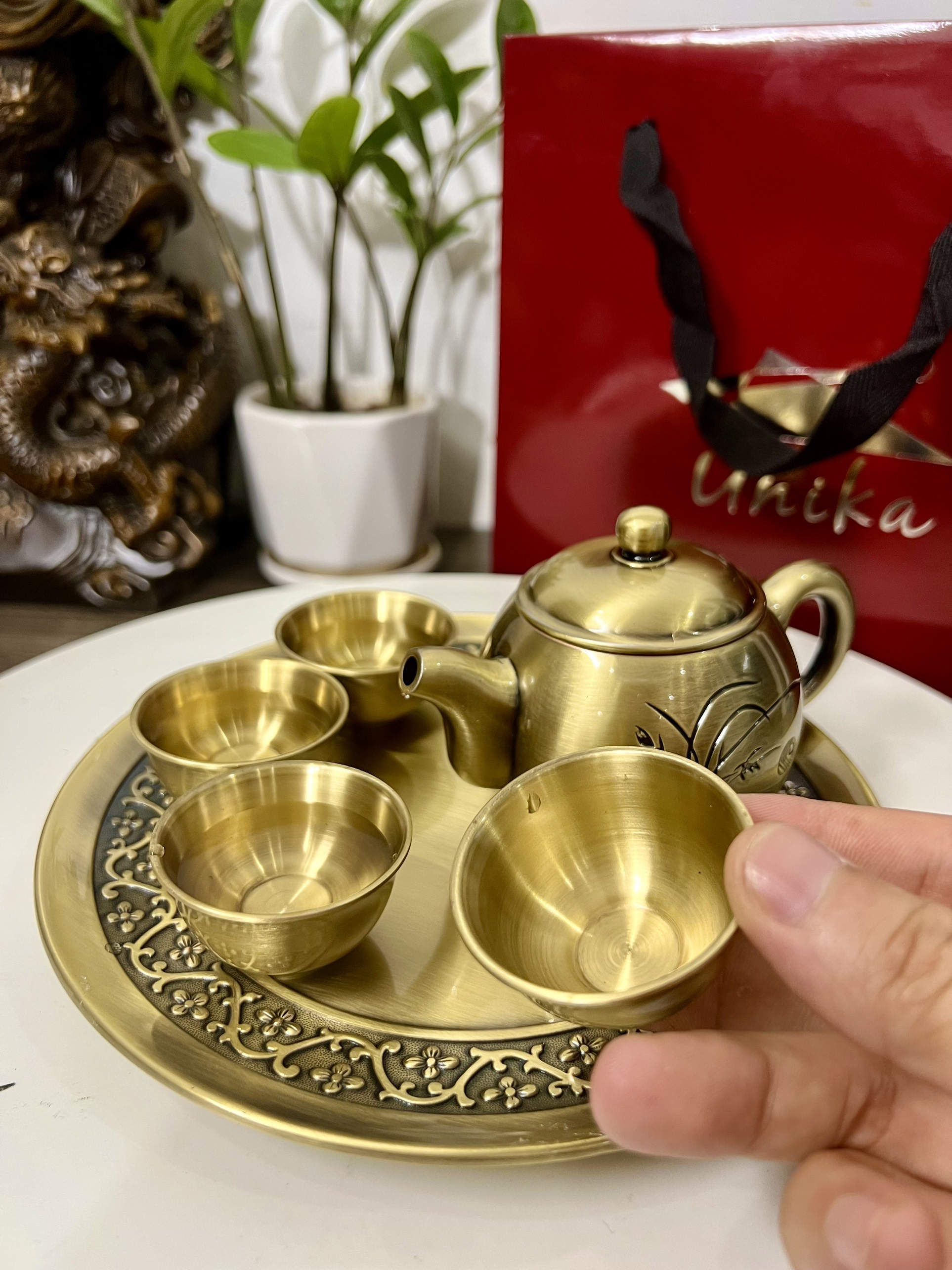 Bộ Ấm Chén Đồng Họa Tiết Cây Lúa Vàng (Ảnh thật+video thật)