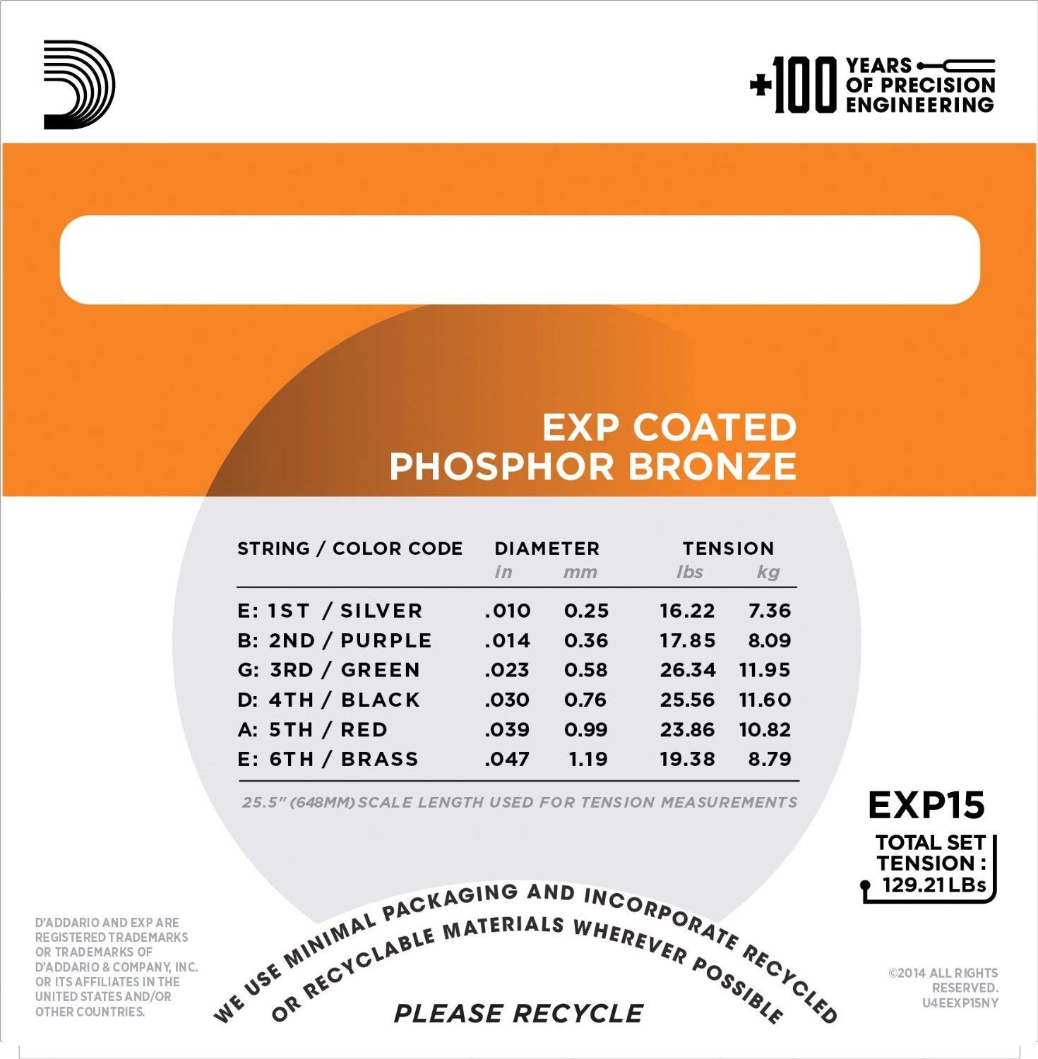 Bộ Dây Đàn Acoustic Guitar D'Addario EXP15 [Size 10]