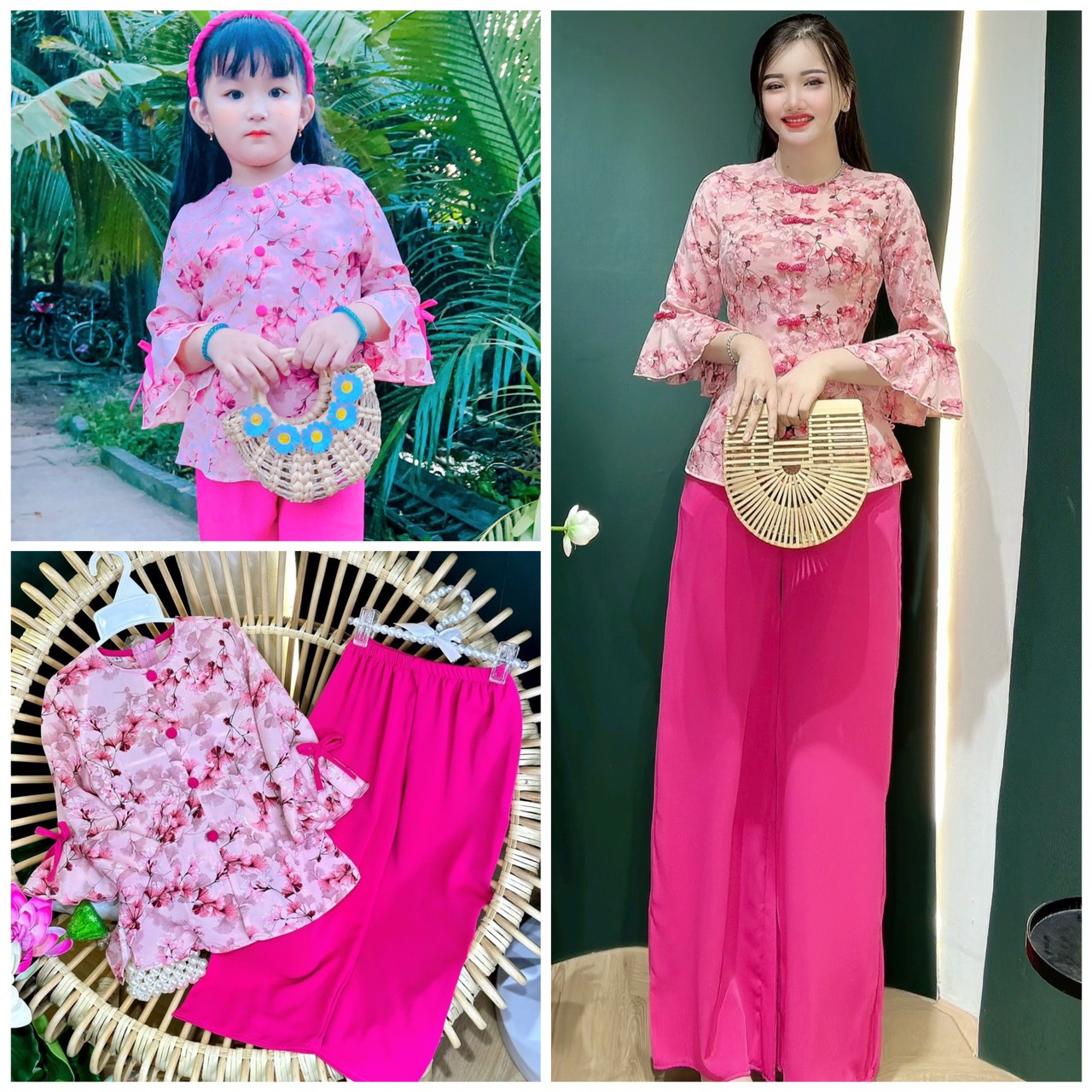 BỘ BÀ BA VẢI LỤA TAY LOE CÚC BỌC CHO MẸ VÀ BÉ GÁI