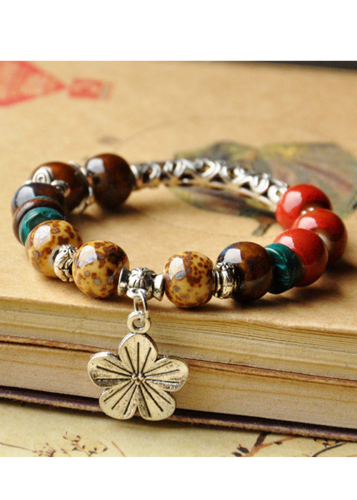 Vòng tay gốm charm hoa 5 cánh Vintage xuất Nhật VGOM18