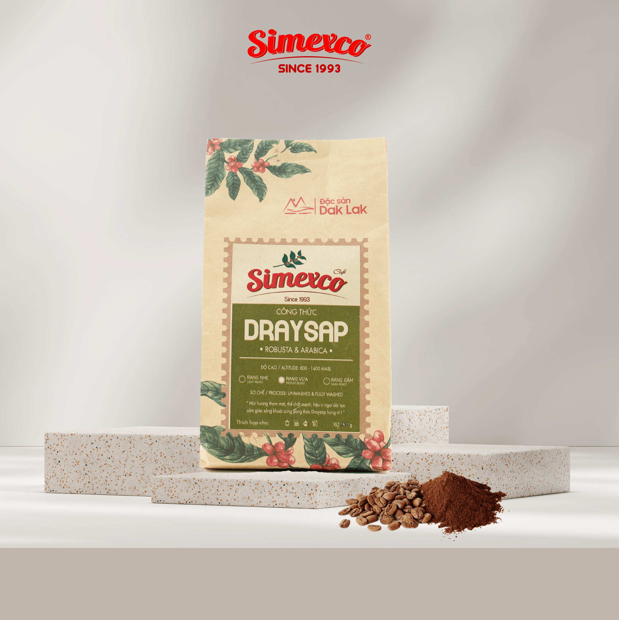 Cà phê rang mộc Simexco pha phin, pha máy - Công thức Draysap - Cafe 30% Arabica 70% Robusta