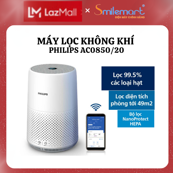 Máy lọc không khí philips ac0850/20 - 49m2, bộ lọc hepa, điều khiển bằng điện thoại