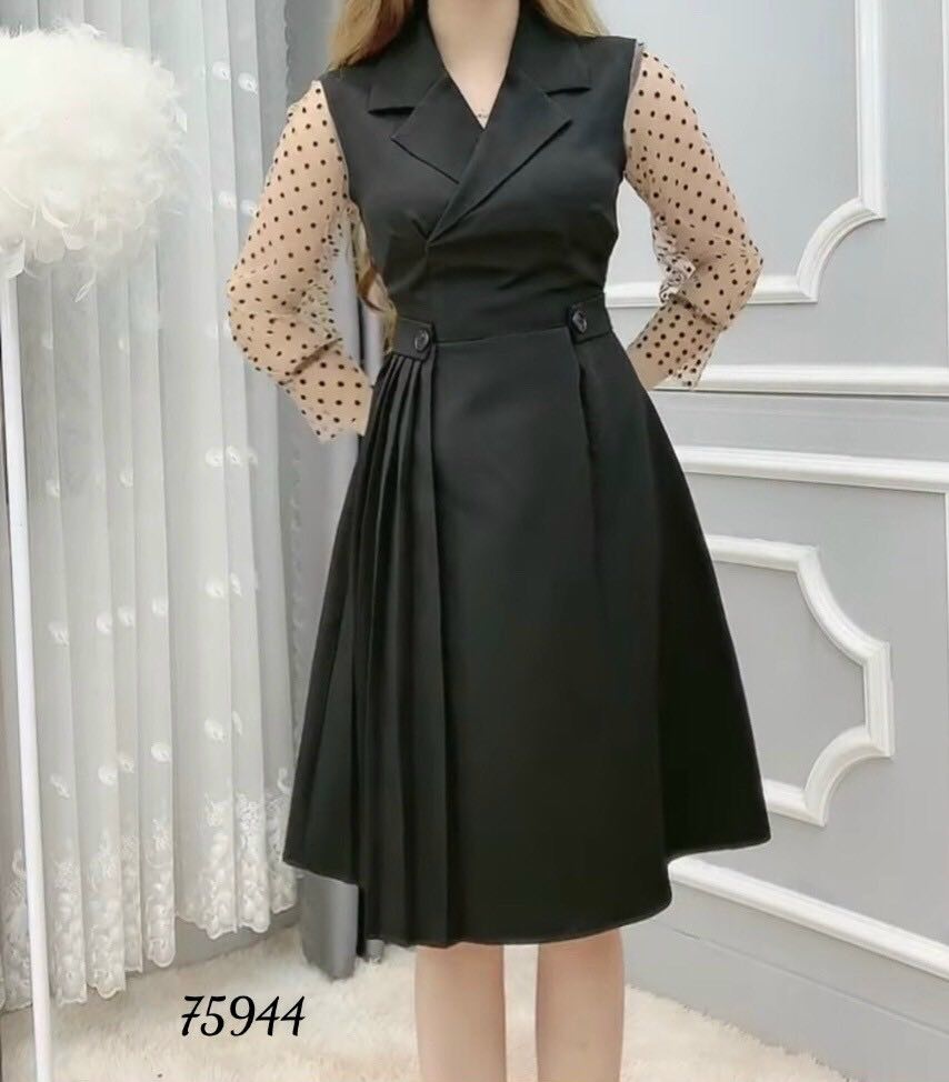 [HCM]ĐẦM CÔNG SỞ CỔ VEST PHỐI TAY CHẤM BI DỄ THƯƠNG-D11