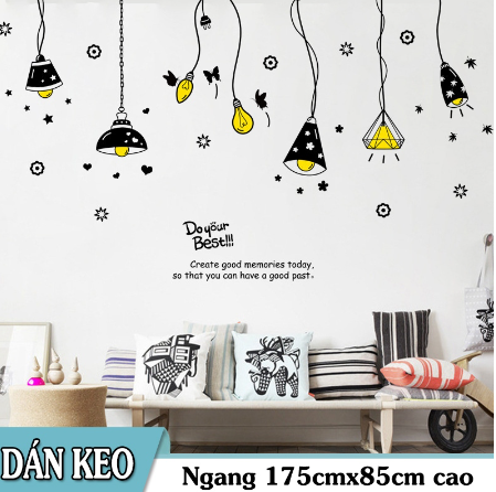 Decal trang trí tường - Dây Bóng Đèn Treo Đen Best. Decal in trên chất liệu PVC, có keo sẵn ở mặt sau, chỉ cần lột ra và dán.