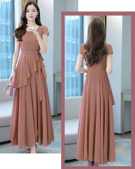 Long Stuffed Dress with Ruffled Hem and Tie-Waist
