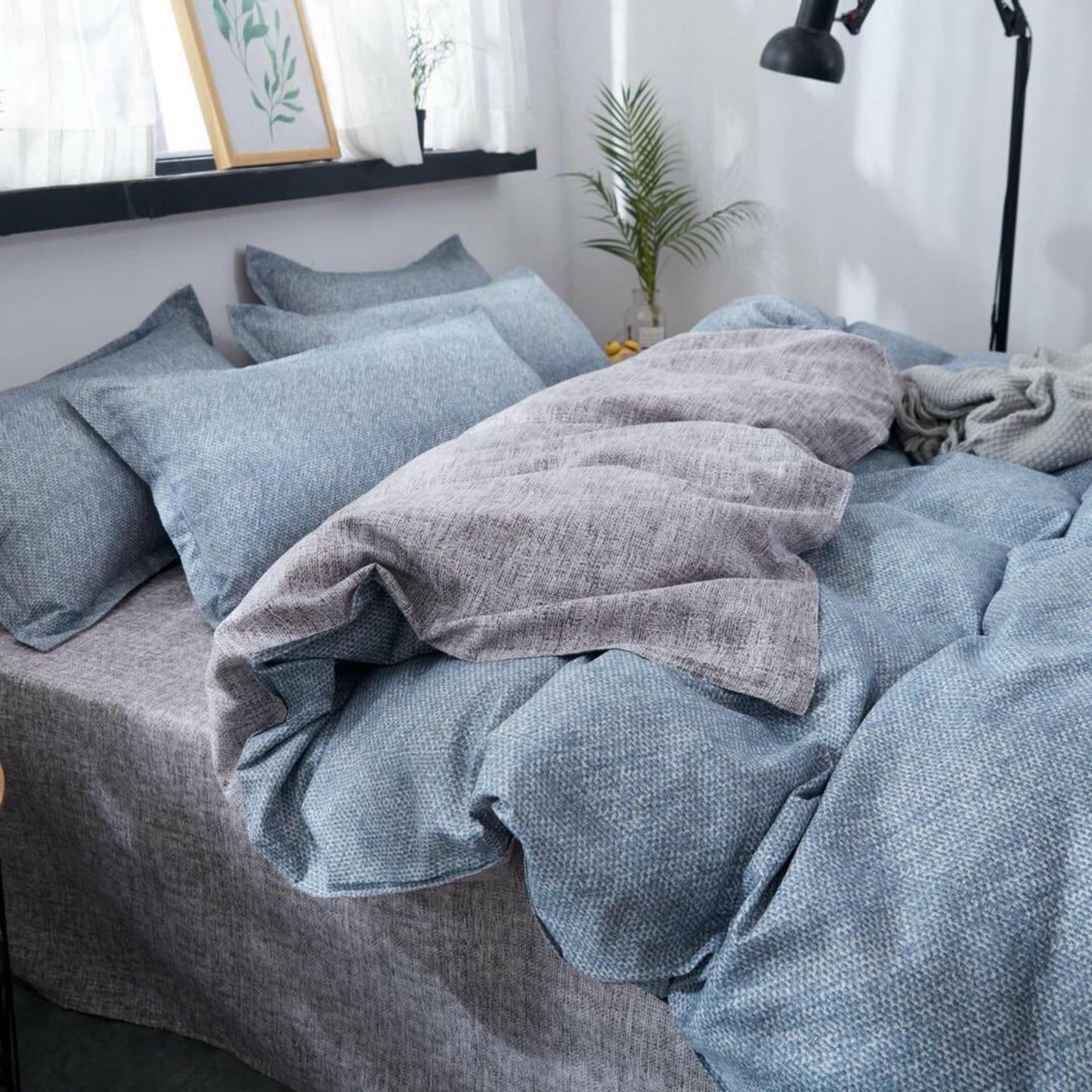 Bộ chăn ga gối basic kẻ xước phối xanh ghi.