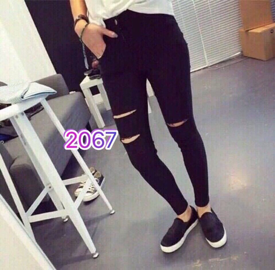 Jeans dài lưng cao co giãn rách 3line