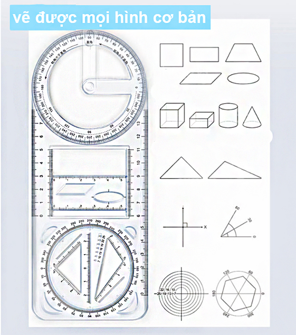 Thước kẻ học sinh dành , kỹ thuật viên chuyên nghiệp , chuyên dụng vẽ hình học được tích hợp nhiều công cụ như Compa , thước đo độ , thước đo góc , ê ke , thước vẽ góc vuông , thước kẻ thẳng - Aplusmart