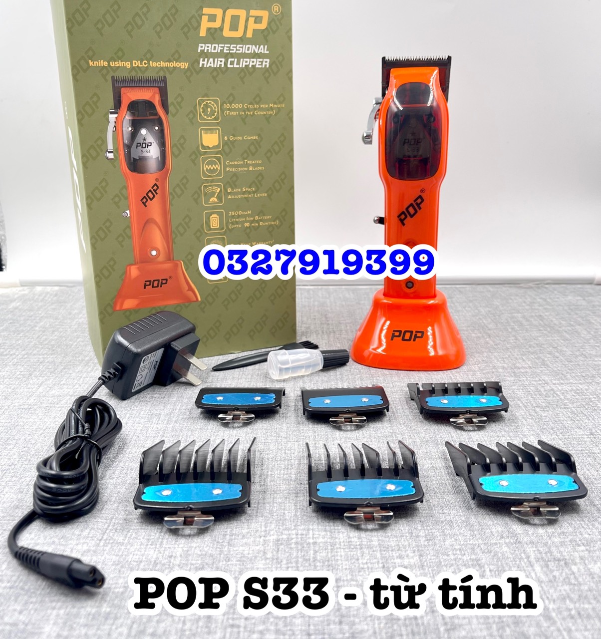 POP Tông đơ cắt tóc từ tính POP S33 công suất 10W màu cam động cơ từ tính tốc độ 10000 vòng/phút pin lithium-ion 2500mAh thời gian sử dụng 180 phút