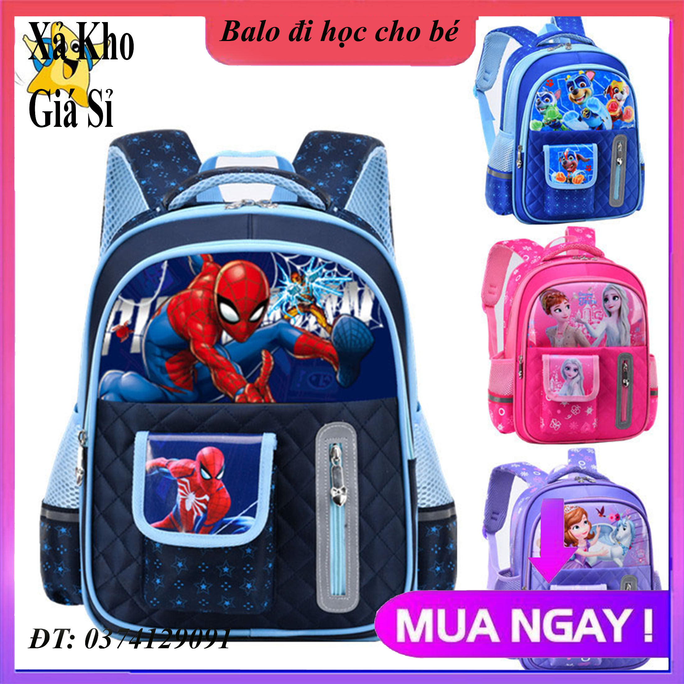 [Giảm giá sốc - size39] Balo tiểu học cho bé gái trai hình công chúa, người nhện, cặp sách học sinh dễ thương