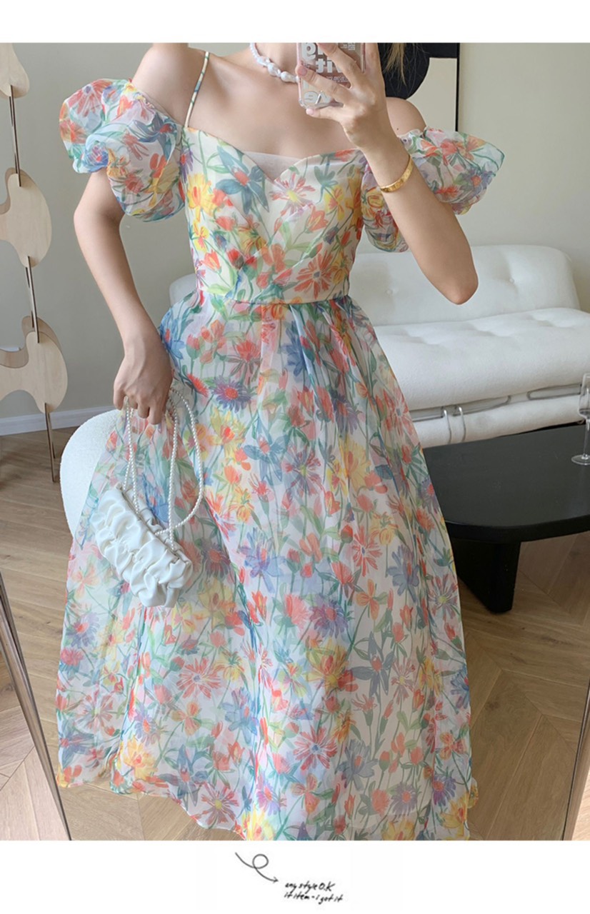 Đầm maxi hoa trễ vai đan dây lưng siêu sang chảnh