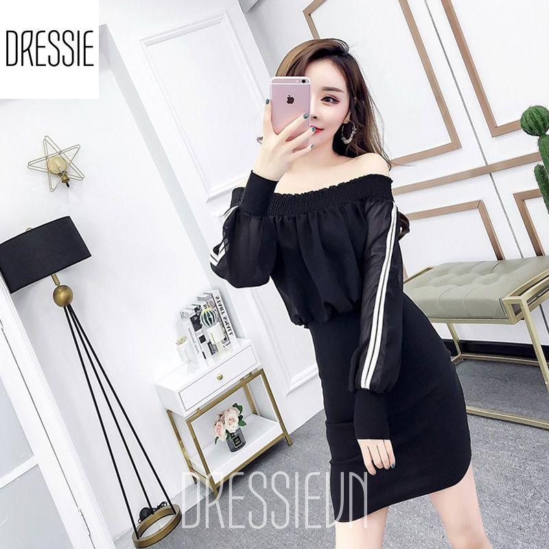 Đầm ôm body đầm dự tiệc đầm đẹp váy áo đầm tay dài cao cấp DRESSIE trễ vai hở vai bẹt vai thời trang nữ đẹp đi chơi dạo phố dự tiệc cưới quần áo nữ xinh xắn váy đầm dự tiệc sang trọng trẻ trung - DB99 (đen – trắng) – Kèm hình ảnh thật