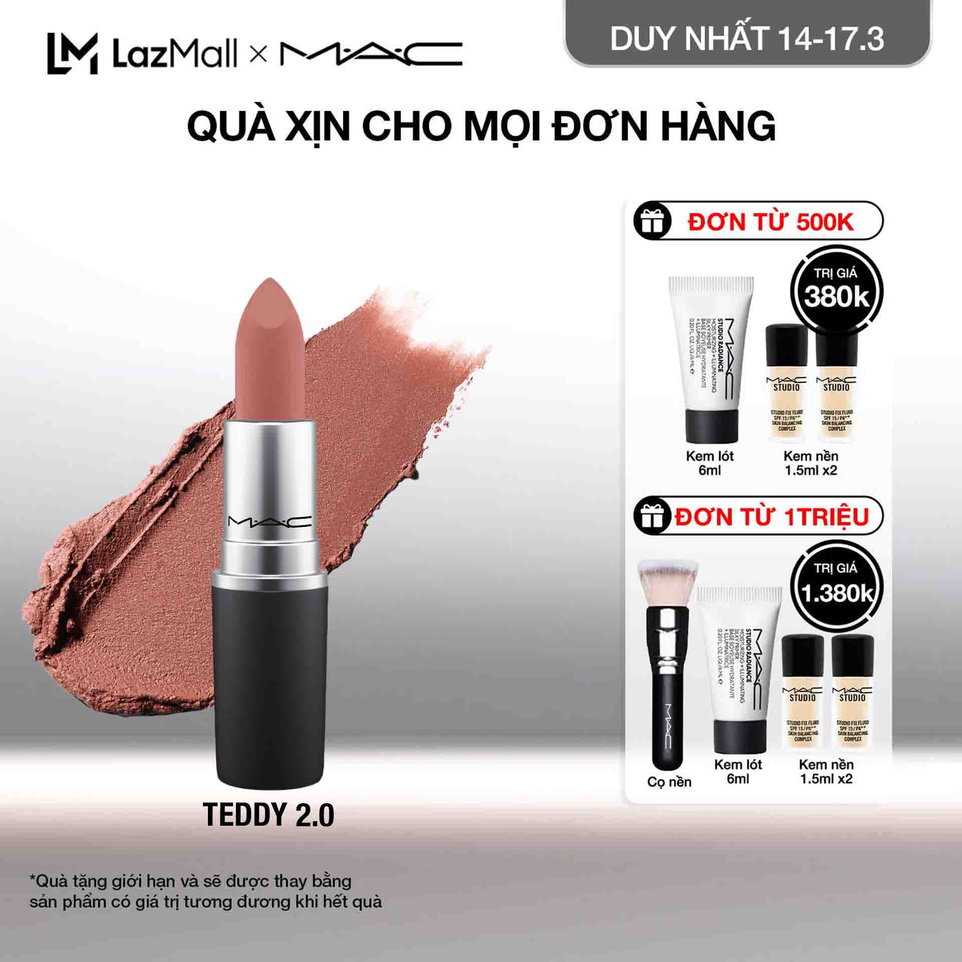 Son môi mịn lì mỏng nhẹ giúp làm mờ rãnh môi MAC Powder Kiss Lipstick - Moisture Matte Lipstick 3g