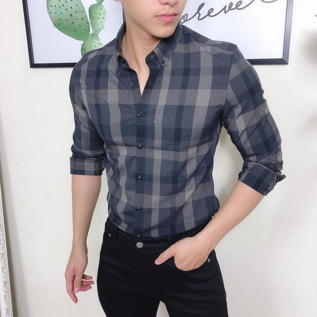 [HCM]Áo sơ mi nam dài tay sọc caro bản nhỏ thời trang cực hot Chất kate lụa thoáng mátkhông nhănkhông xù