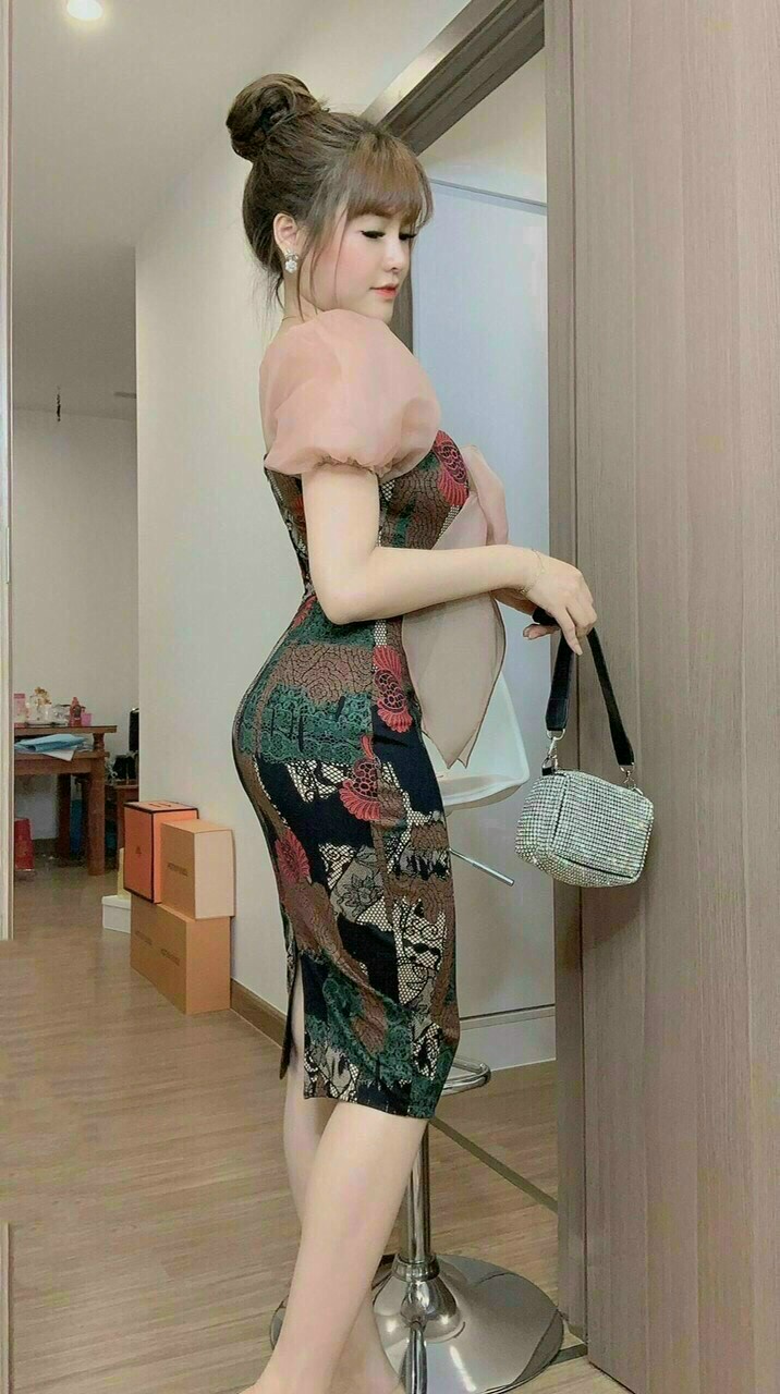 [HCM]Đầm họa tiết phối voan ( có mút ngực)