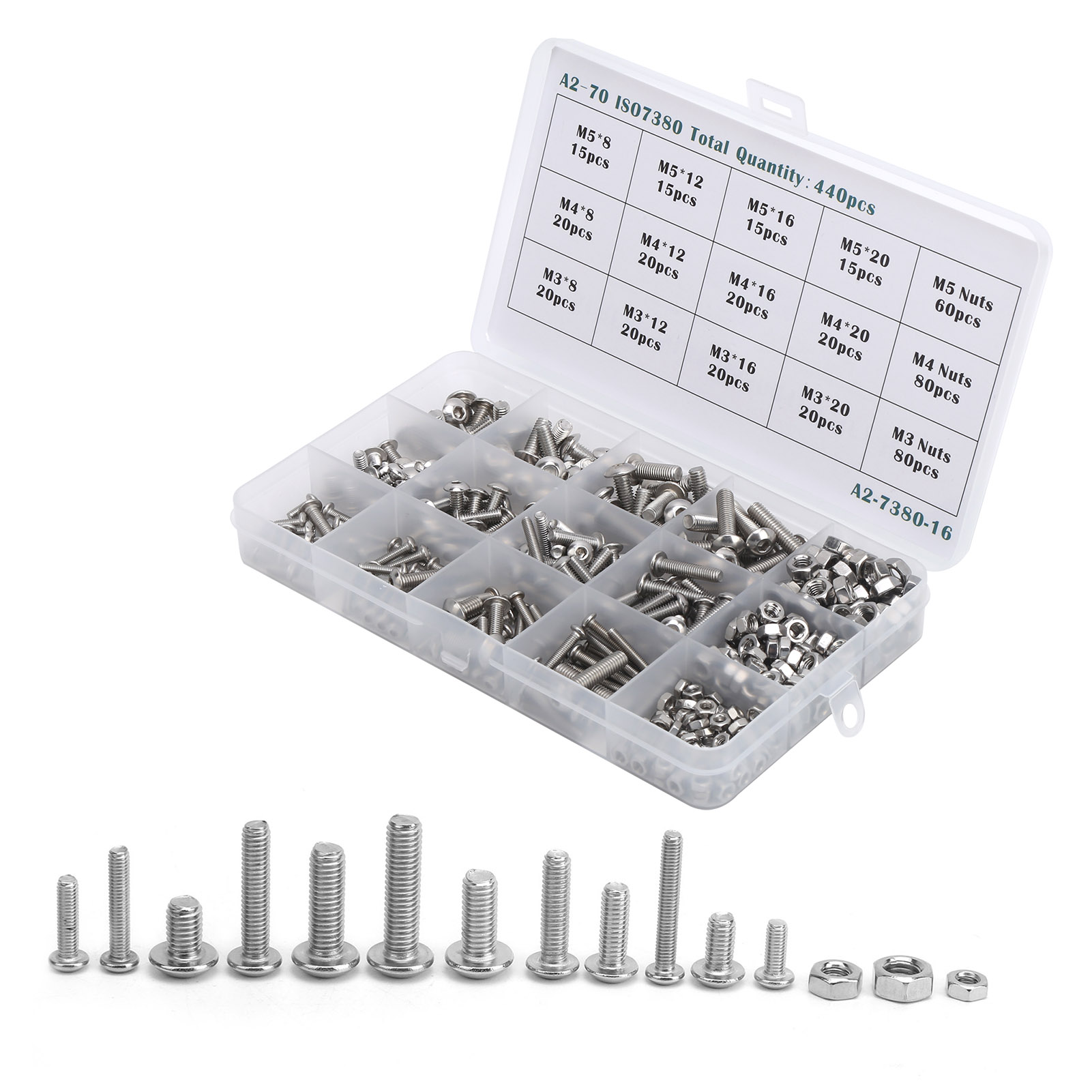 440PCS M3/M4/M5 Hex Socket Screw with Nut Assortment Set Stainless Steel Fastener Hardware