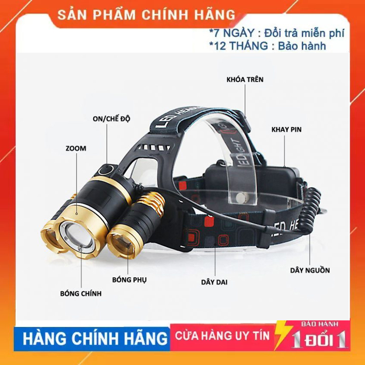 Đèn pin đội đầu 3 bóng led t6- siêu sáng, kèm 2 pin, kèm sạc, đèn pin siêu sáng, đèn pin đội đầu 3 bóng siêu sáng, đèn led đội đầu 3 bóng