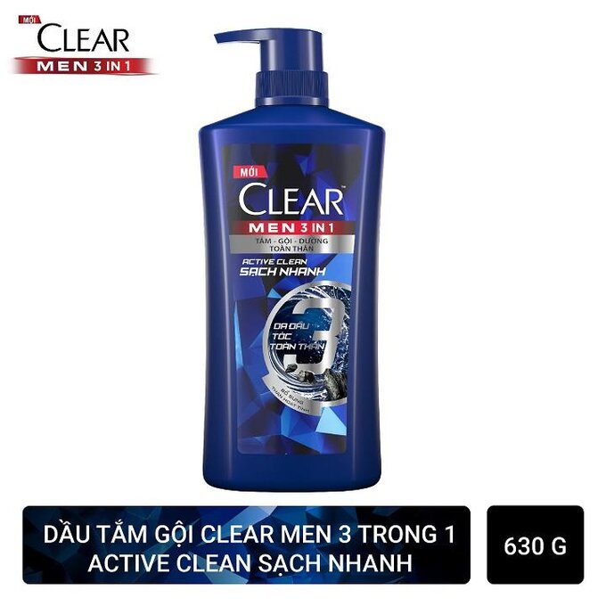 Dầu tắm gội Clear Men 3 in 1 cung cấp giải pháp tắm gội và dưỡng ẩm toàn diện cho nam giới với hương thơm nam tính