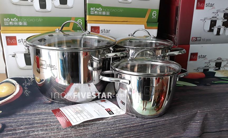 BỘ 3 NỒI CAO CẤP FIVESTAR (INOX 304 – THÂN CAO – NẮP KÍNH)