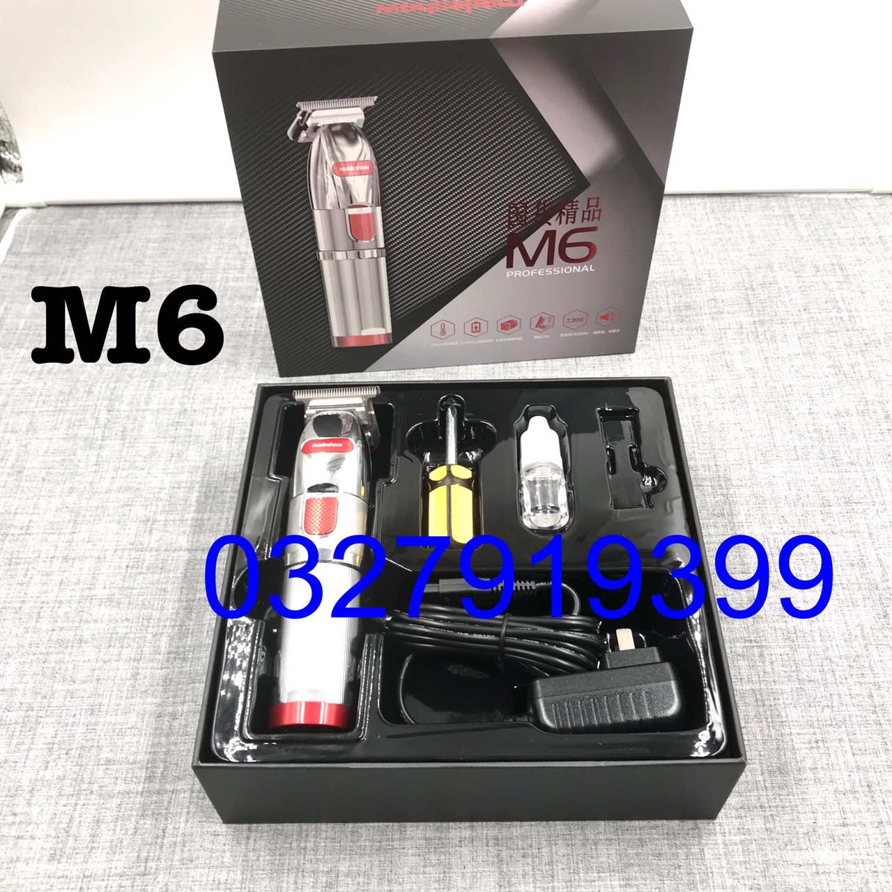 Madeshow Tông đơ chấn viền cao cấp M6, màu xanh trắng, pin lithium 1400mAh, động cơ Turbo 2 tốc độ, lưỡi thép không gỉ, công suất 8W, thiết kế hiện đại, bảo hành 3 tháng