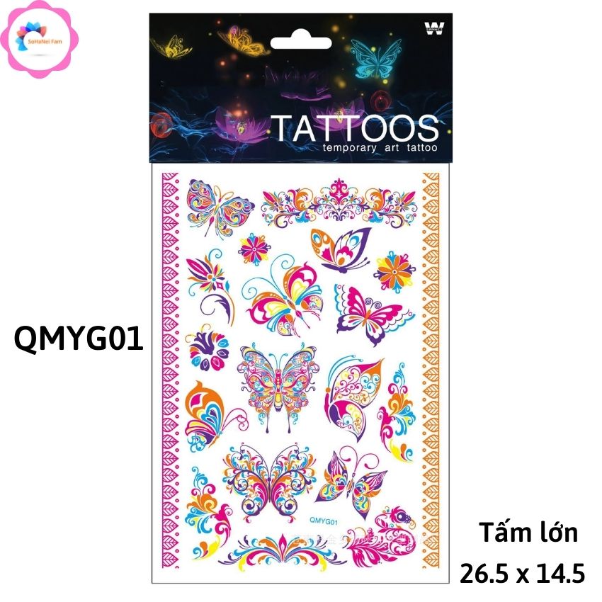 Hình Xăm Dán Tattoo Những Chú Bướm Xinh Xắn Màu Dạ Quang Nổi Bật (Tấm Lớn 26.5 x 14.5 cm) - SOHANEI FAM - Hình Xăm Dán Tạm Thời