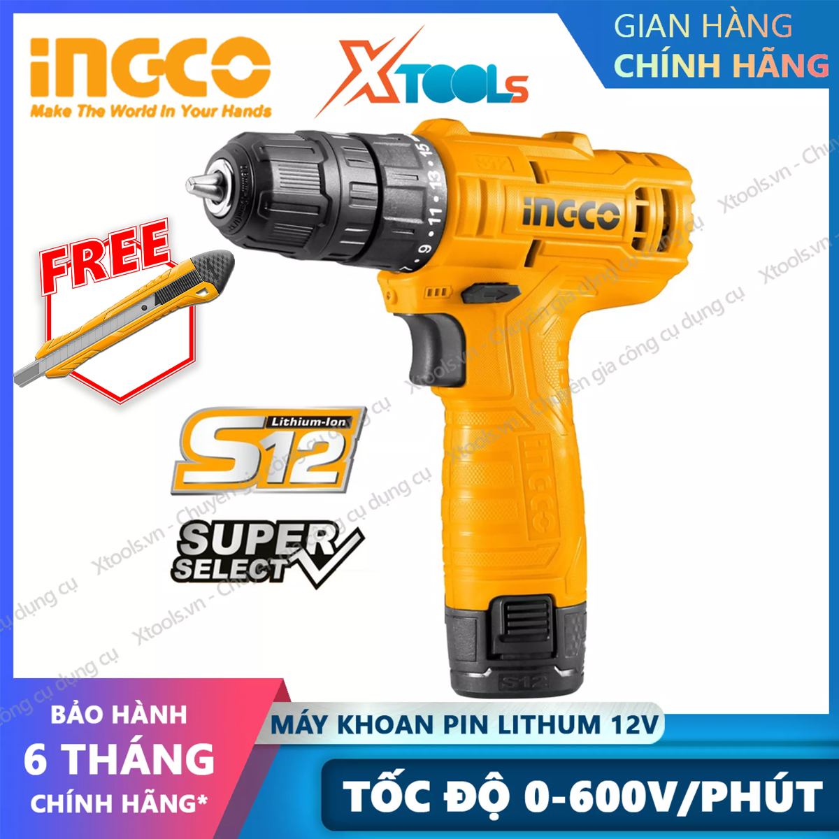 Ingco cdli12415 12V portable battery drill driver 20nm drill bit 10mm adjustable speed comes with 1 2Ah battery, 1 charger, 2 screwdriver bits screw machine