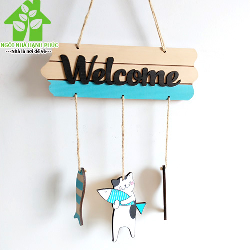 Bảng gỗ decor trang trí CỬA HÀNG 🚀WELCOME MÈO ÔM CÁ🚀 (tặng kem móc treo tường)