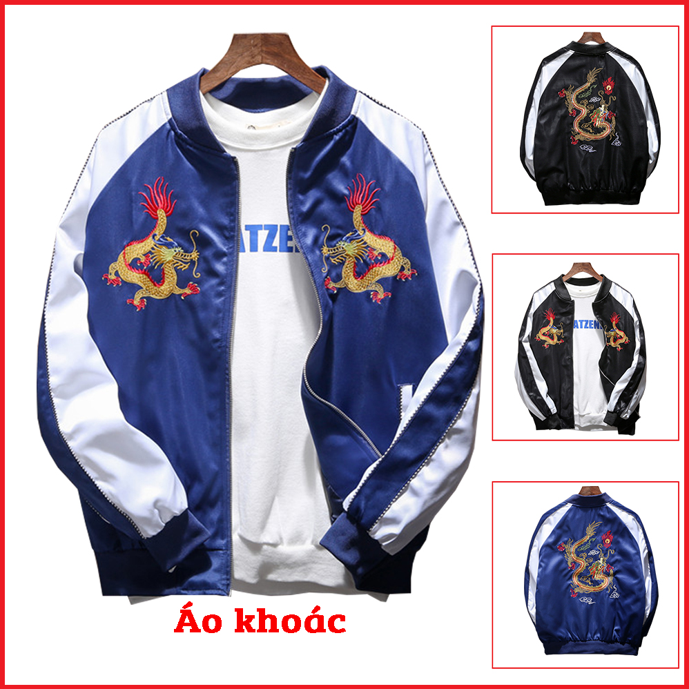 Áo Khoác Nhẹ Bomber Nam Nữ Khóa Kéo In Hình Song Long Tay Phối Phong Cách Hàn Quốc Trẻ Trung Thời Trang FASHION4MEN AO KHOAC 9000032