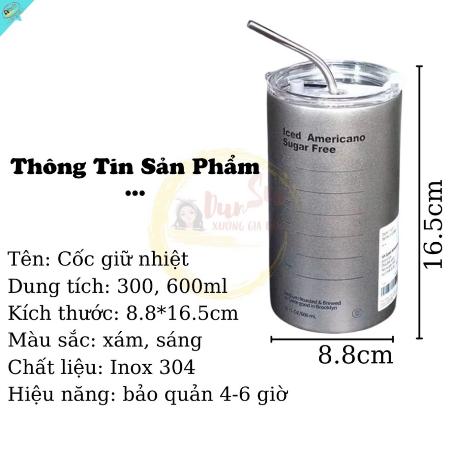 Cốc Giữ Nhiệt Iced Americano Hiệu Quả 6H Bình Giữ Nhiệt Inox 304 Có Ống Hút Ly Giữ Nhiệt Coffee Capuchino 600Ml