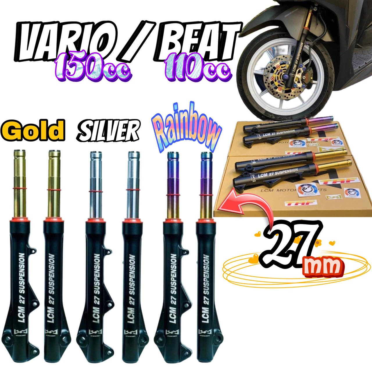 PHUỘC TRƯỚC  LCM  GIẢM XÓC XE TAY GA VARIO / CLICK / VISION  ( TY MÀU BẠC )