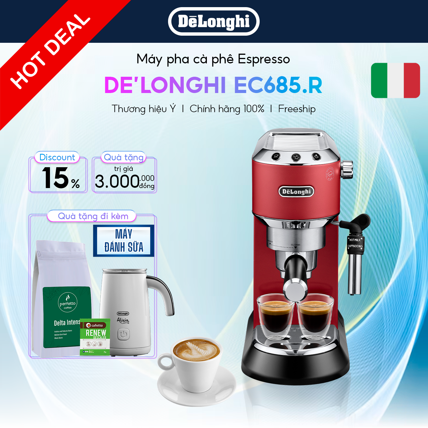Máy Pha Cà Phê DeLonghi EC685 Dedica Style (M/ R) - Thiết Kế Gọn, Áp Suất 15 Bar - Chính Hãng