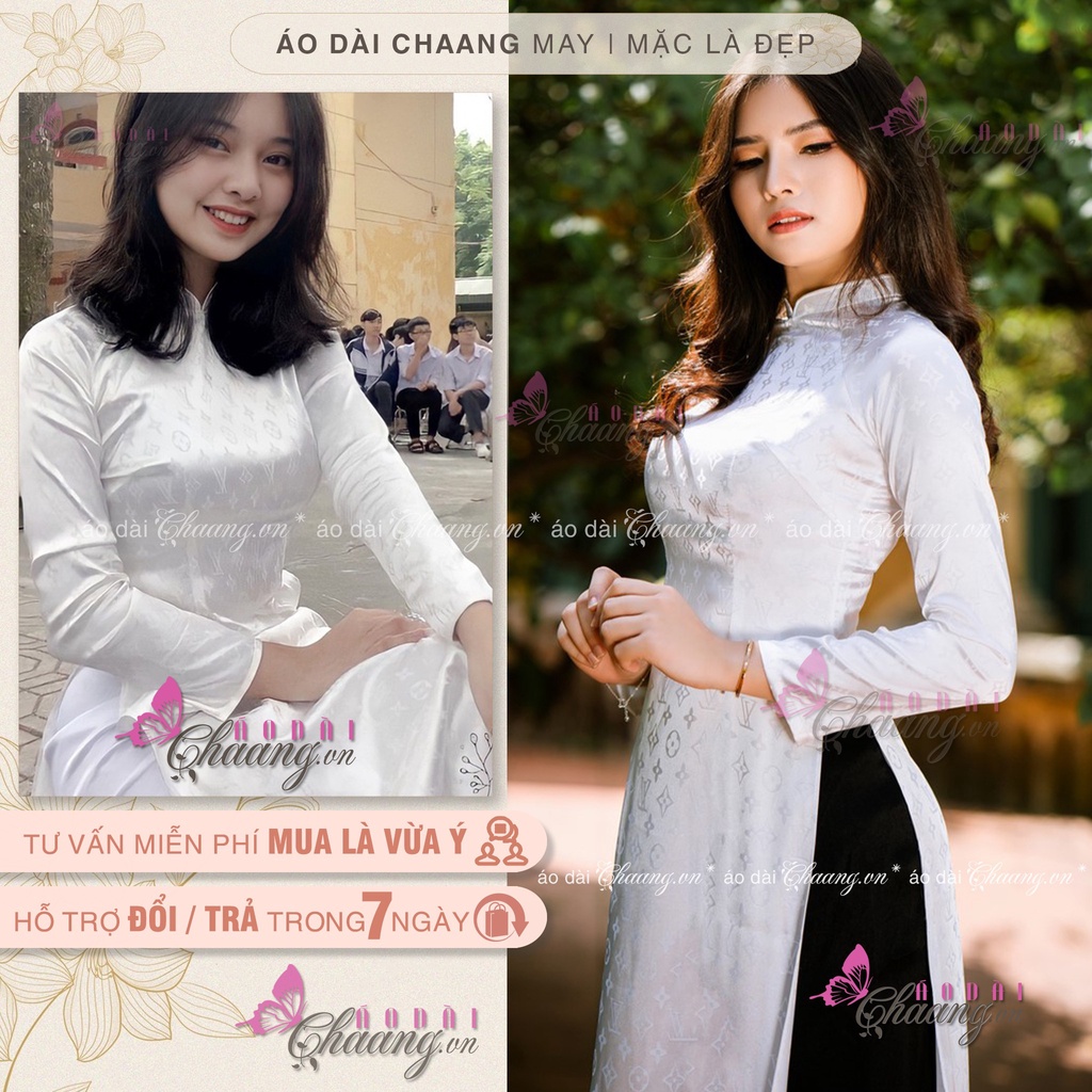 Áo dài Trắng Nữ Học Sinh đi học may sẵn vải áo dài Gấm LV đẹp