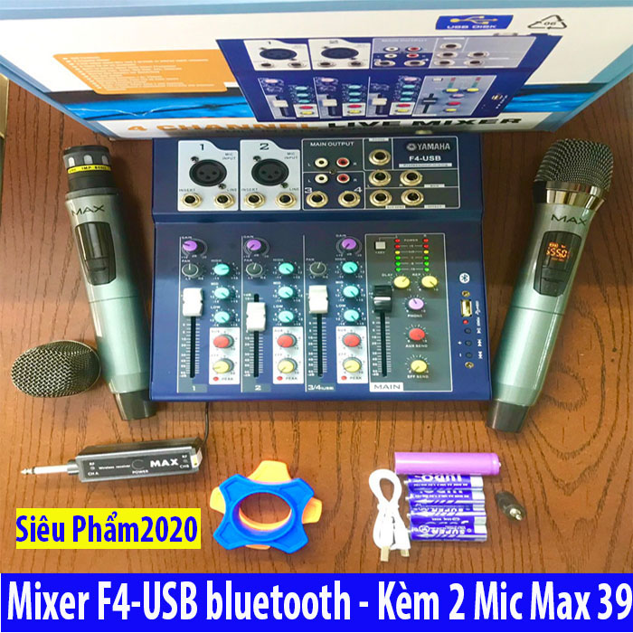 [HCM]Combo Bộ Mixer F4-Micro Max39 Không Dây Hát Karaoke-Livestream Rất Hay Bàn Trộn Âm Thanh Mixer F4 Có Màn Hình Và Bluetooth Micro Karaoke Không Dây Max39Kết Hợp Với Mixer F4 Amply Loa Kéo.