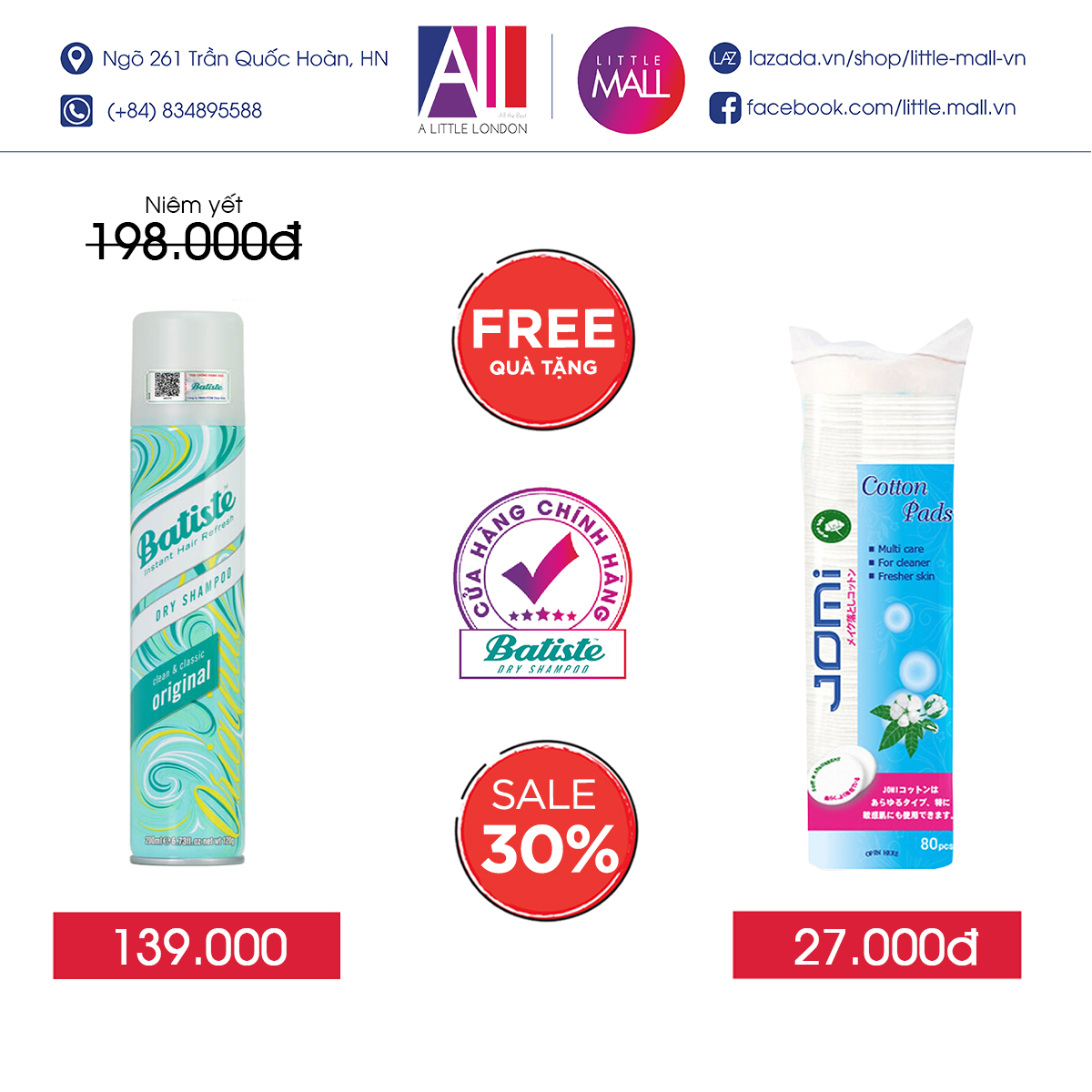 Dầu gội khô hương cổ điển nguyên bản Batiste dry shampoo original 200ml TẶNG bông tẩy trang Jomi (Nhập khẩu)