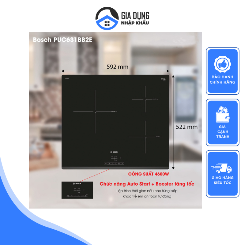 Bếp điện từ bosch puc 631bb2e, công suất 6800w, khóa an toàn, tự nhận nồi, nhập khẩu tây ban nha, bảo hành 12 tháng