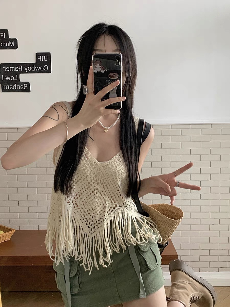 Ms1084 áo ba lỗ đan móc đi biển tua rua